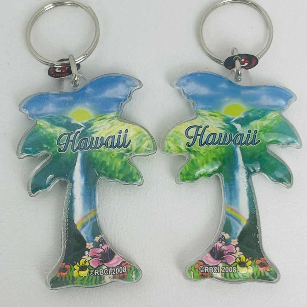 RBCI Keychain Unisex OS 2008 Hawaii Palm Tree Waterfall Rainbow Green Excellent